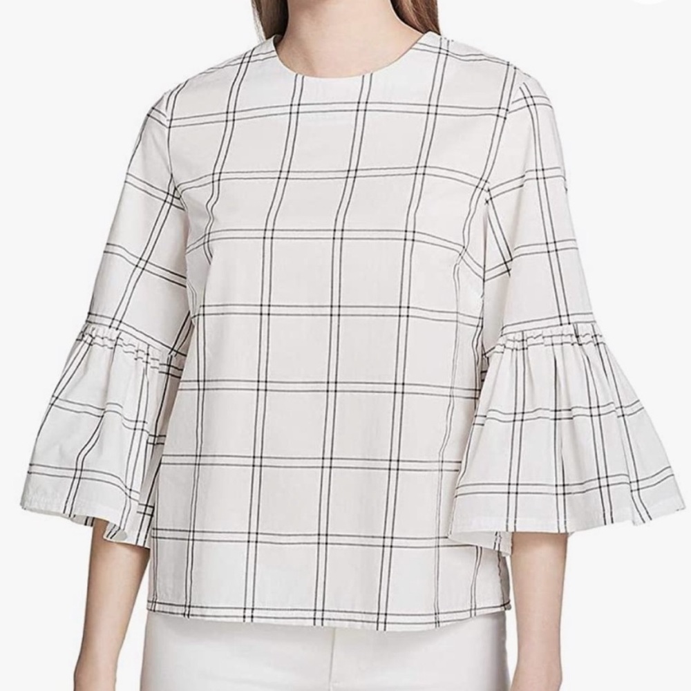Calvin Klein White Black Grid
Windowpane Pattern Bell Ruffle Sleeve Top